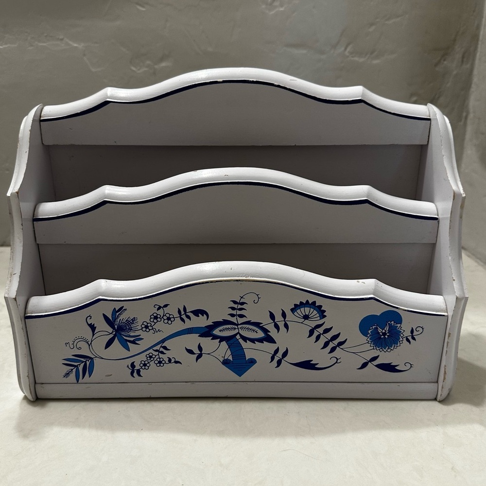 Vintage Table Top Organizer Wooden White With Blue Floral Print Farmhouse
